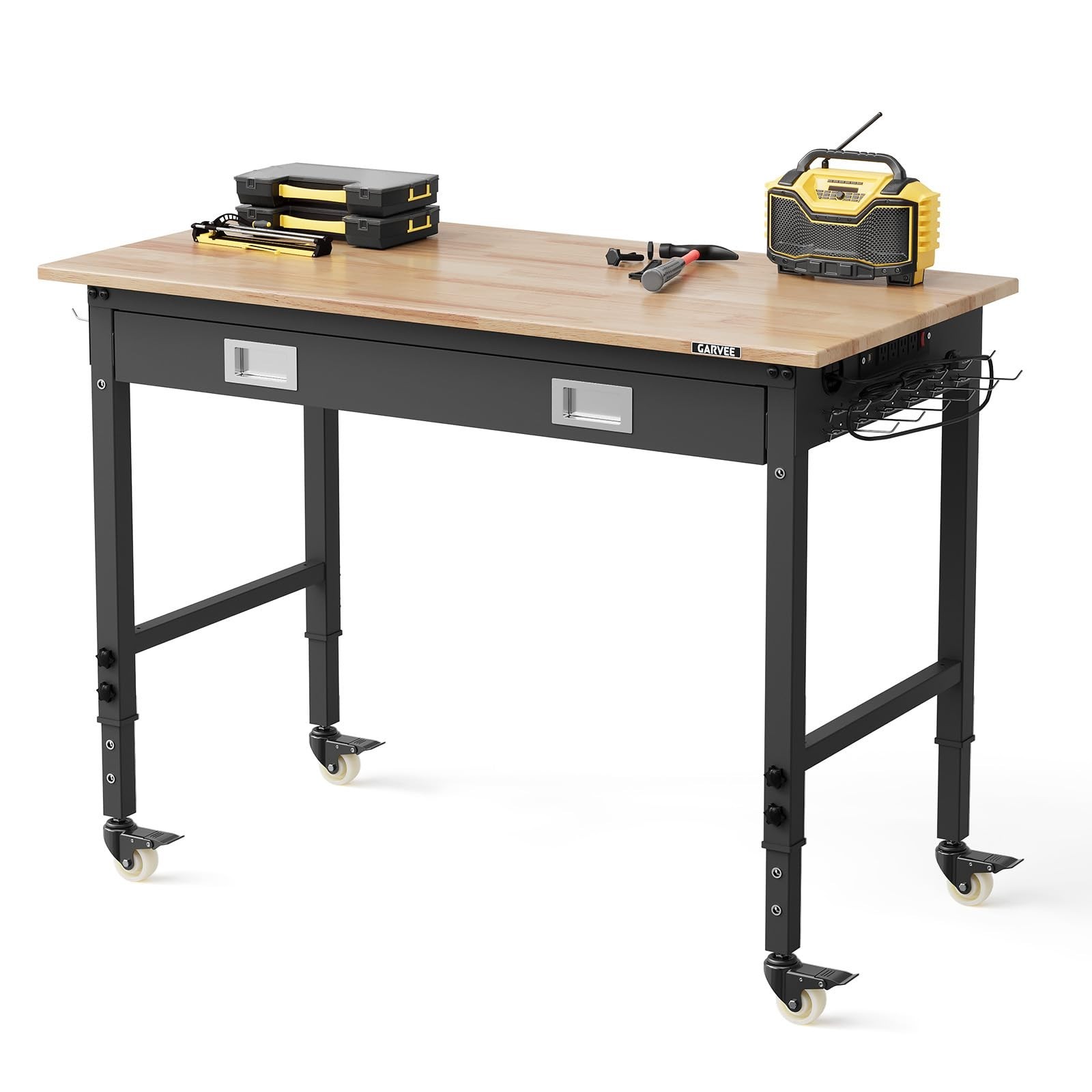 48" Adjustable Workbench, Workbench Heavy-Duty Work Table w/Power Outlets&Wheels