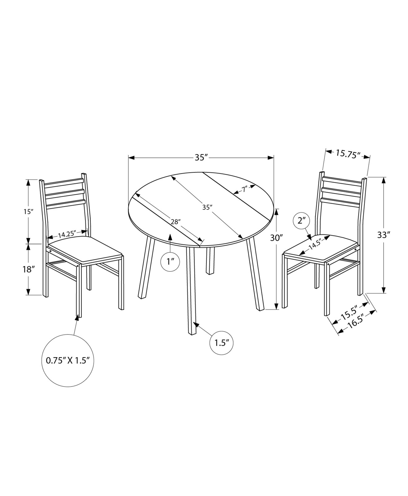 Dining Table Set, 3pcs Set, Small, 35" Drop Leaf, Kitchen