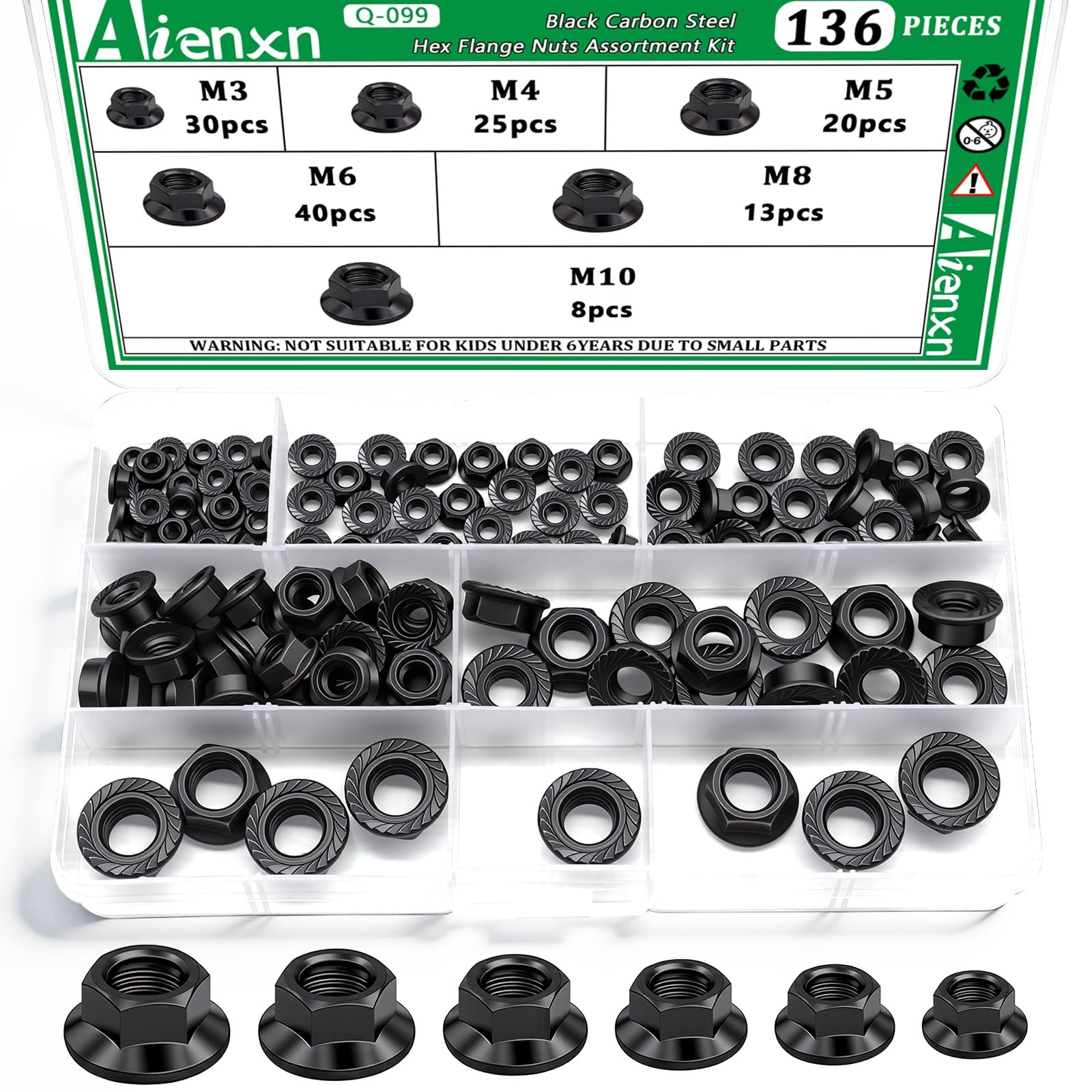 136PCS 6 Metric Sizes Black Carbon Steel Hex Flange Nuts Assortment Kit -M3, ...