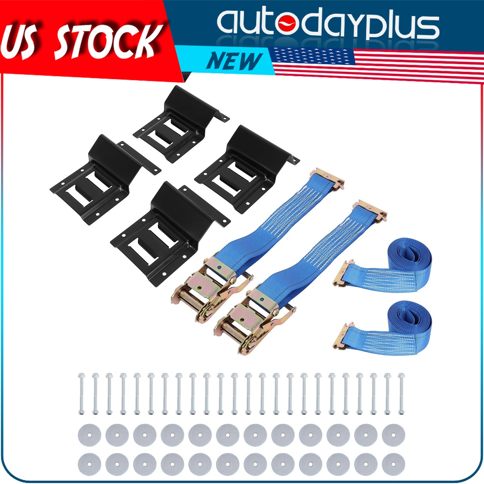 Brand New Wheel Chock & Tie-Down Strap Kit 1500 Lb Weight Durable Black+Blue