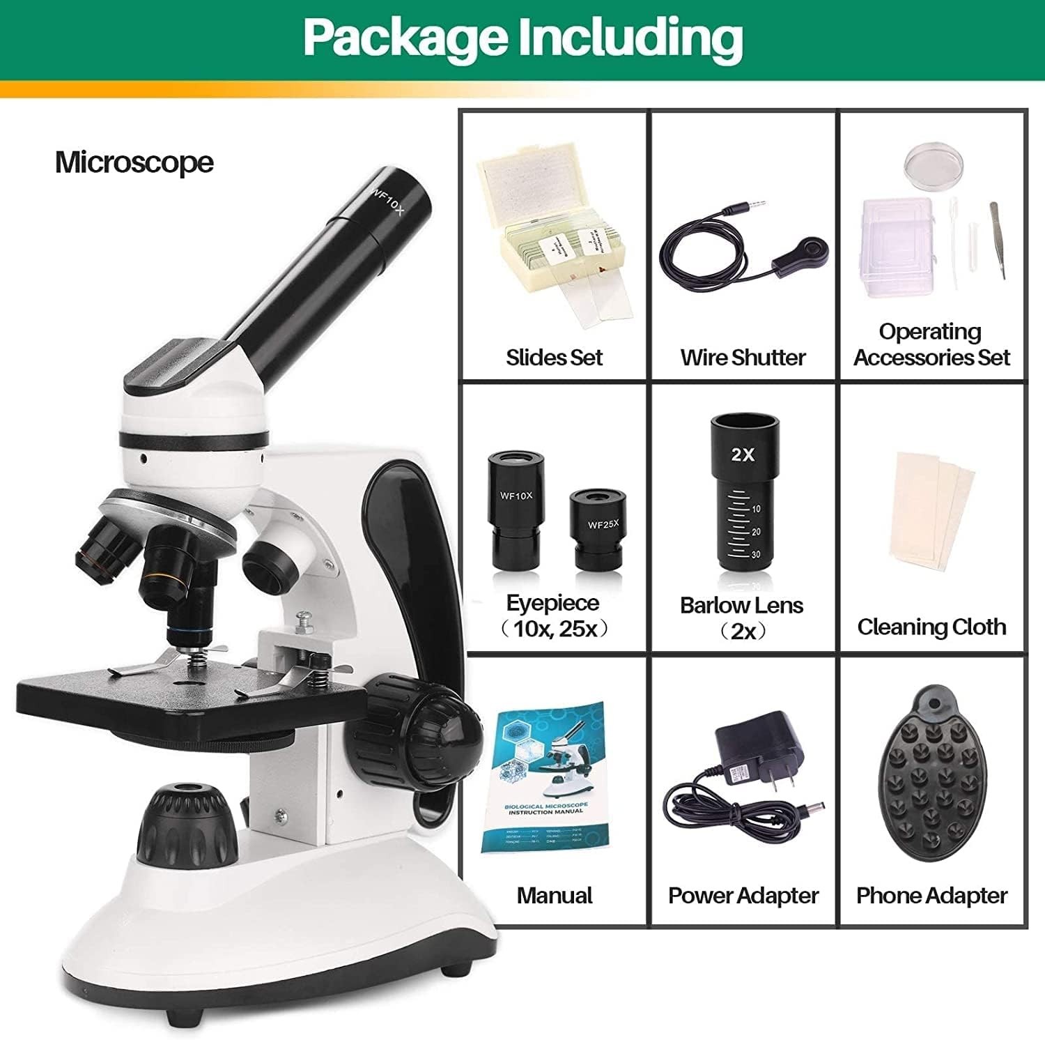 BNISE Microscope kit for Kids Adults Students, 40X-2000X Magnification, Prepared