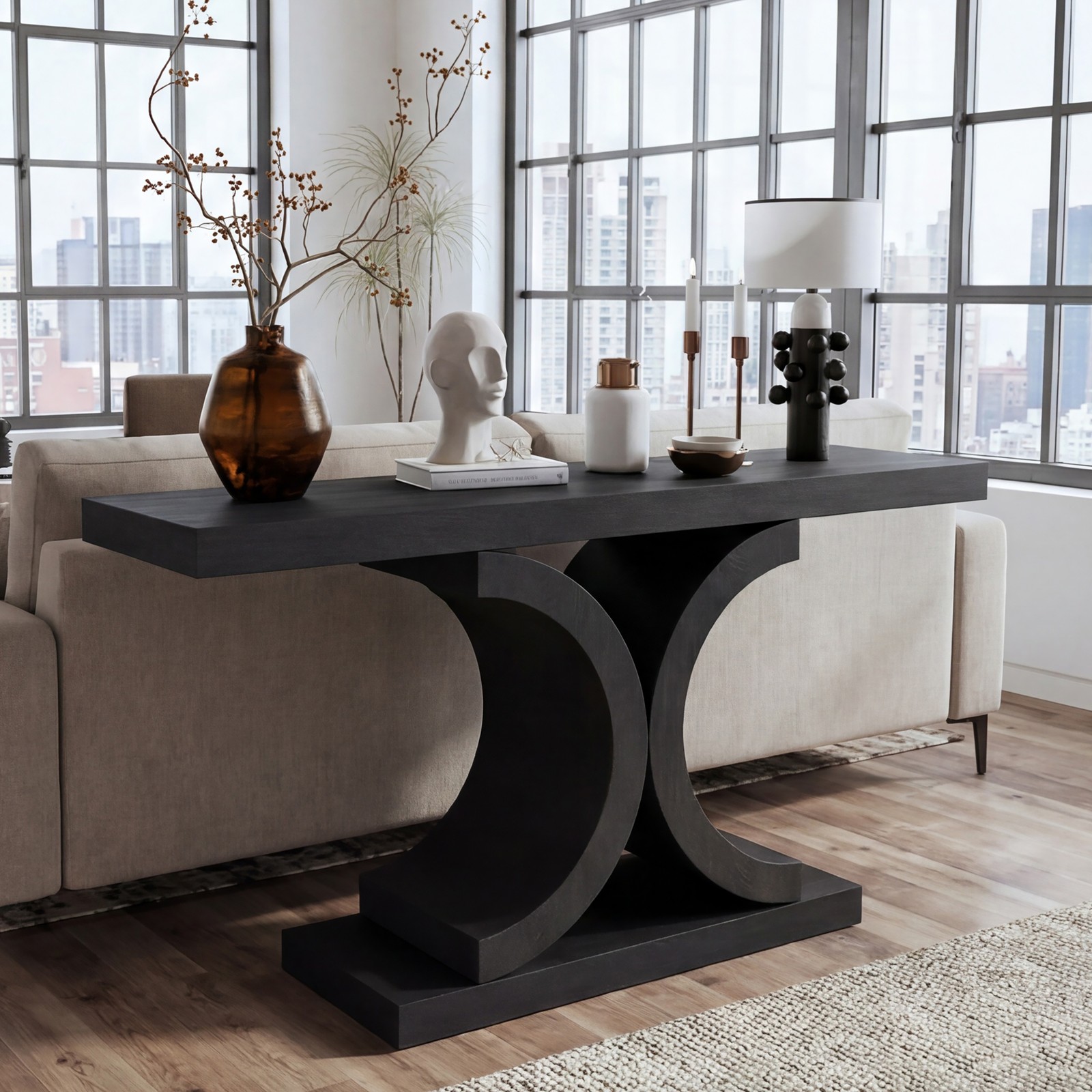 60" Black Console Table, Modern Narrow Sofa Table with Sculptural Curved Base, M
