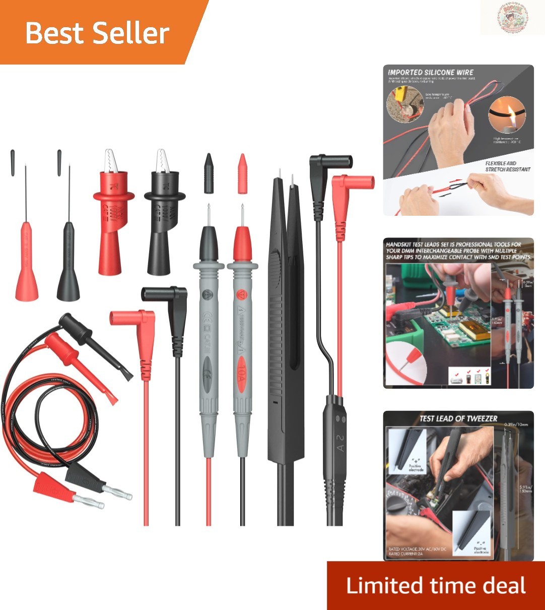 Heavy-Duty  Probes w/ Nickel-Plated Tips & Alligator Clips - 10A/1000V Rated