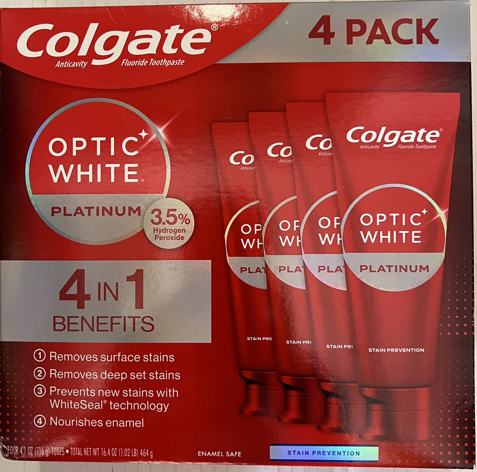 Colgate Optic White Platinum Toothpaste, 4.1 Ounce (Pack of 4)