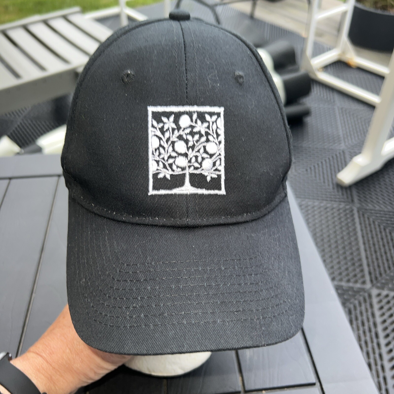 Shaker Village Black Hat Cap with White Fruit Tree Embroidered Hook Loop Cotton
