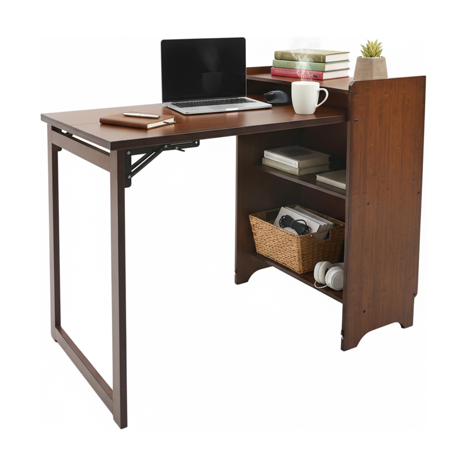 Folding Desk With Storage Shelves Foldable Computer Table Writing Home Office
