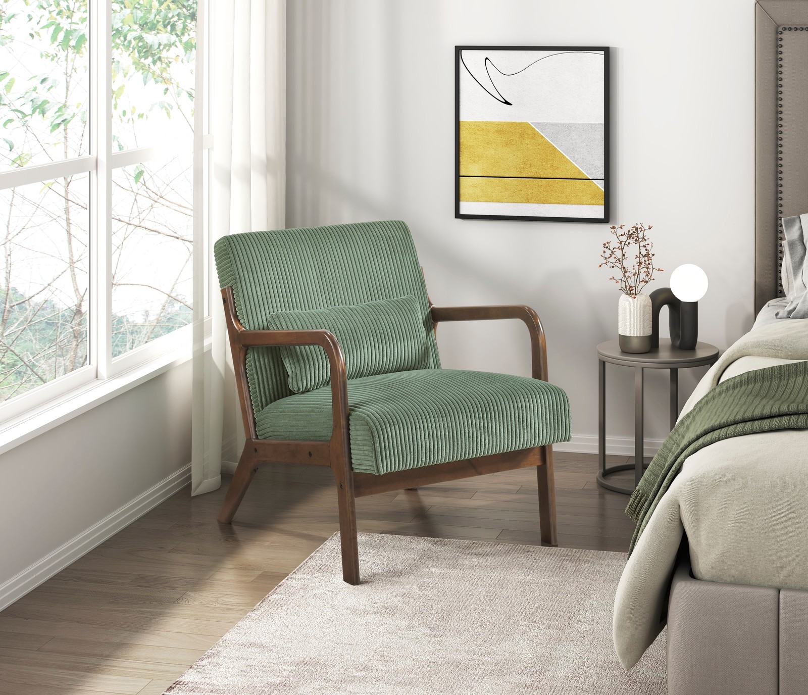Green Corduroy Accent Armchair with Pillow, Modern Farmhouse
