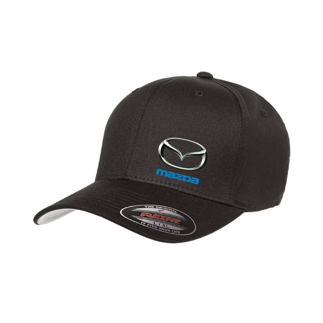 Mazda MX-5 Car Motor Side Logo Cap 5001 Black Flexfit Baseball Hat S/M and L/XL