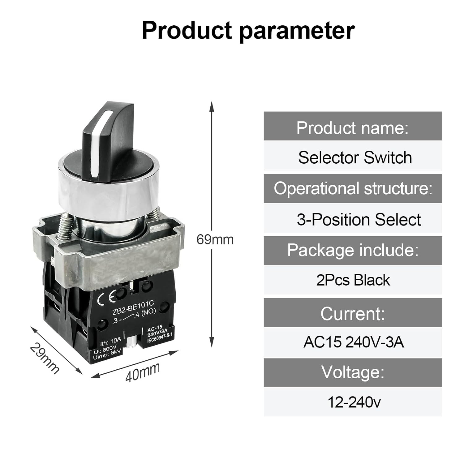 2Pack Black 3-Position Selector Switch 2NO Metal Head Switch Ith: 10A, Ui: 600V,