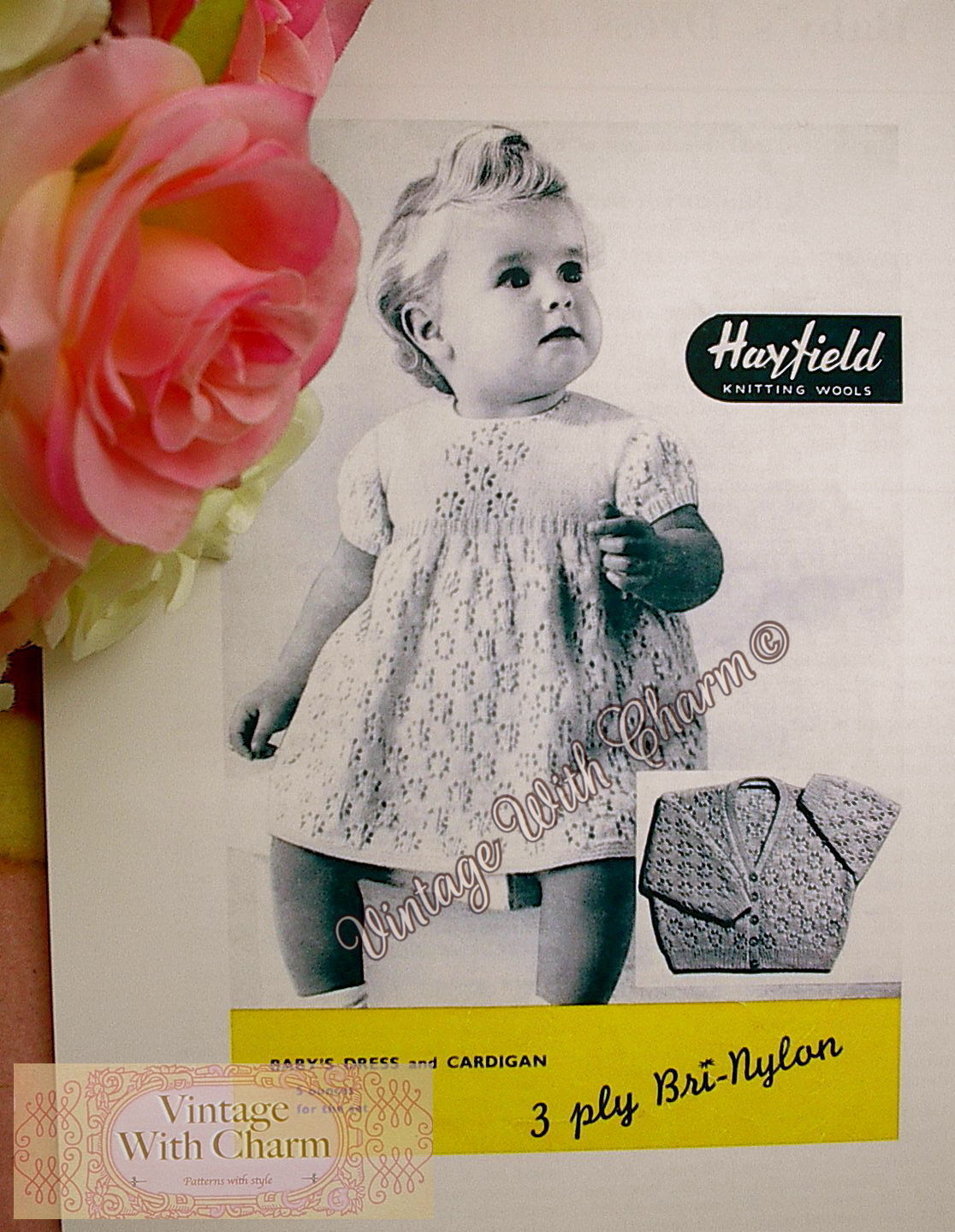 Vintage 1950s Knitting Pattern Baby Girls Dainty Lace Look Dress & Cardigan.