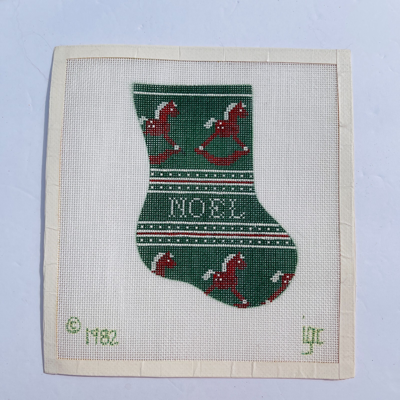 1982 Vintage Hand Painted Needlepoint Pattern Canvas Stocking Noel Rocking Horse