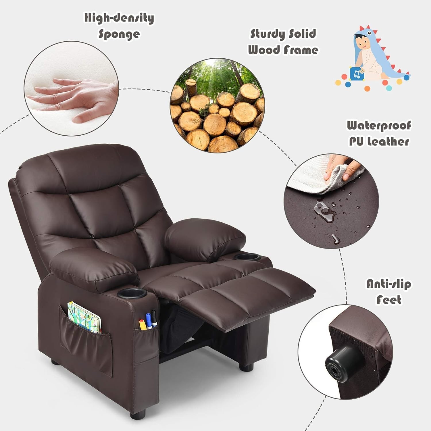 Kids Recliner Chair with Cup Holder, Adjustable Leather Lounge Chair w/Footre...