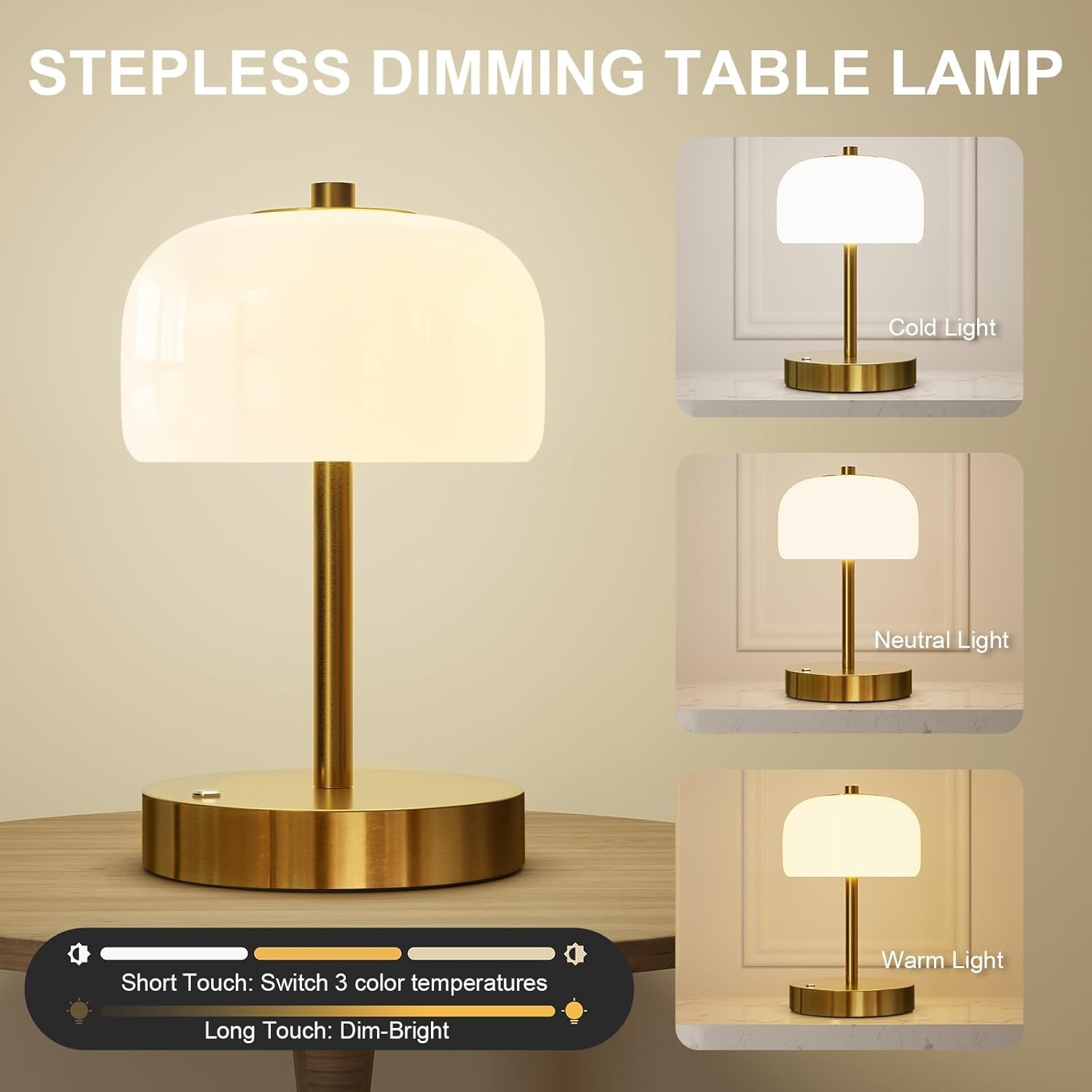 Cordless Rechargeable Table Lamp Touch Dimming Gold