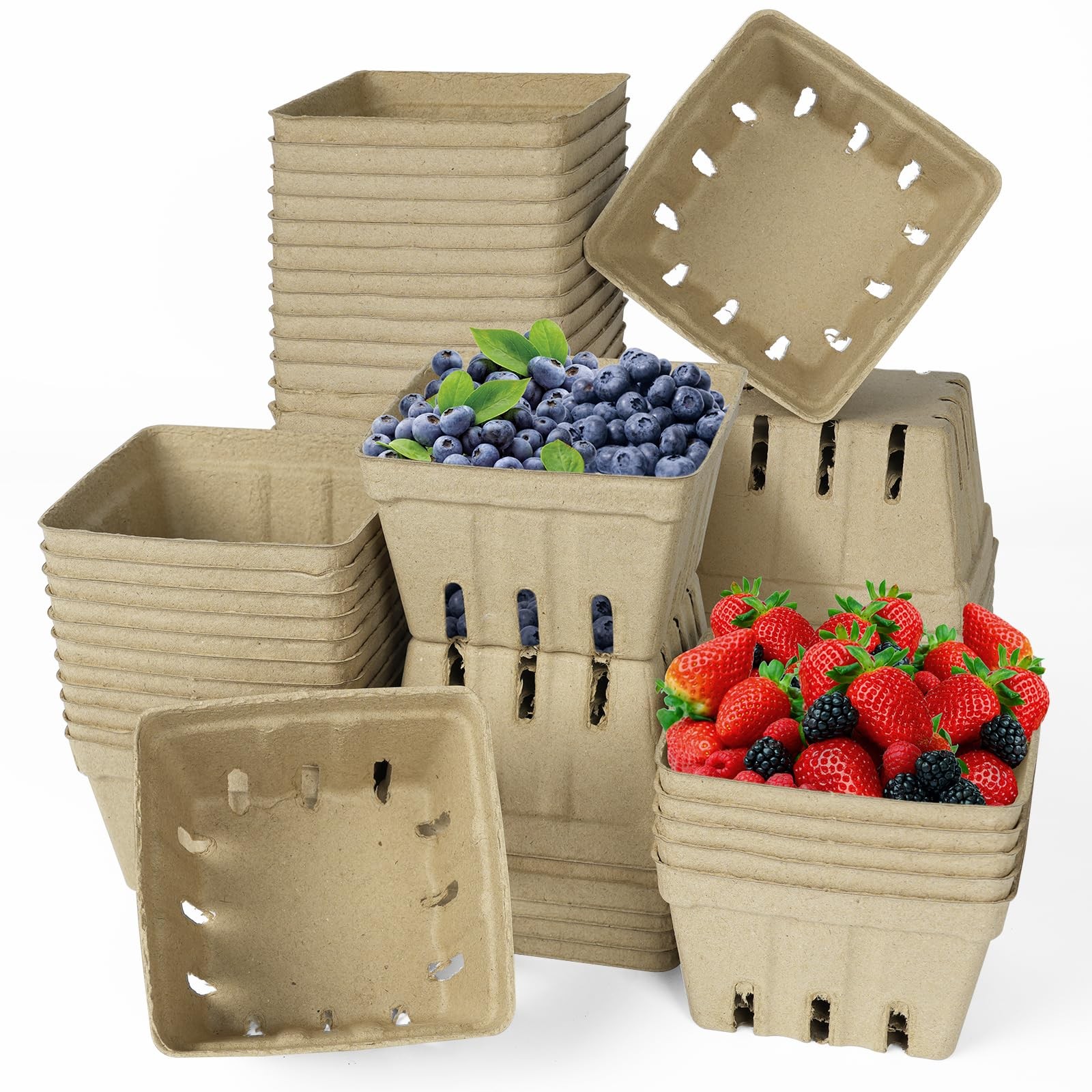 60 Pcs Natural Pulp Fiber Basket, Small Molded Produce Basket for Strawberry,...