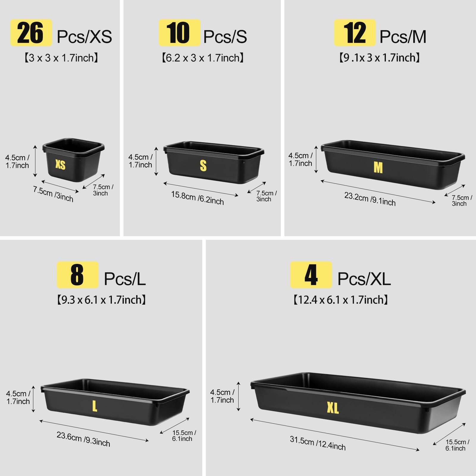 60PCS Tool Box Organizer Tray Divider, More Large Sizes-5 Sizes 60PCS, Black