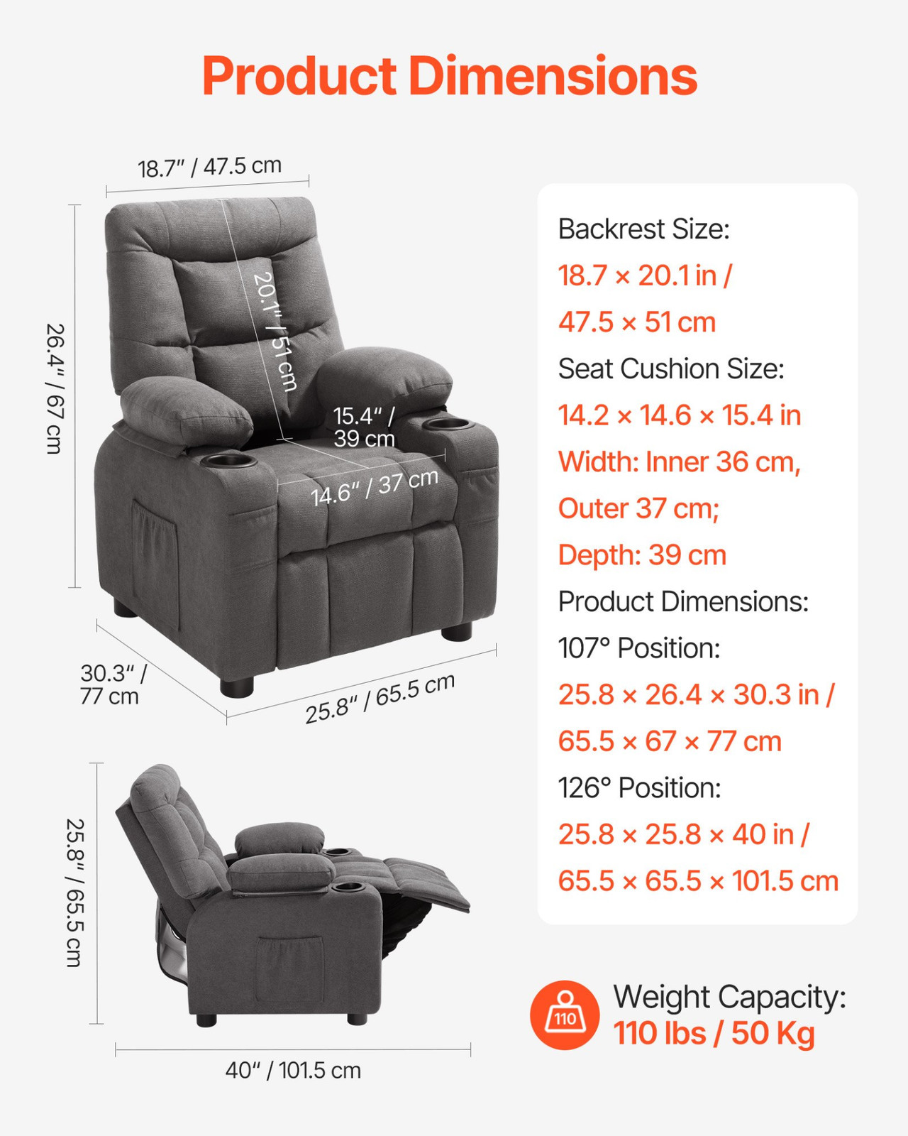 Kids Recliner Chair Adjustable Toddler Sofa with Cup Holder Gray