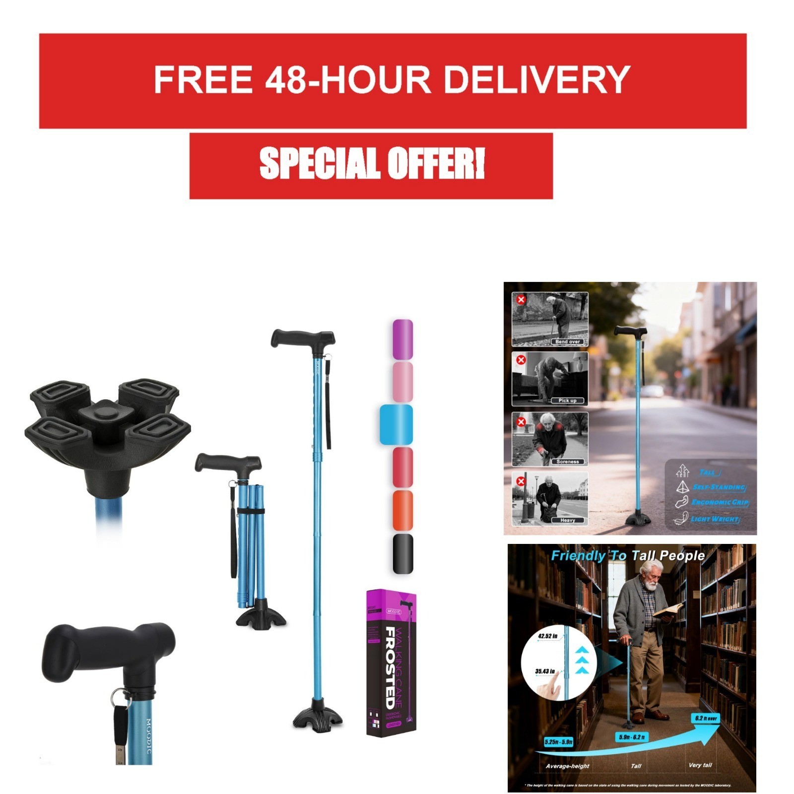 MOODIC Extra Tall Walking Cane, 300 lbs Capacity, Adjustable Height, Blue