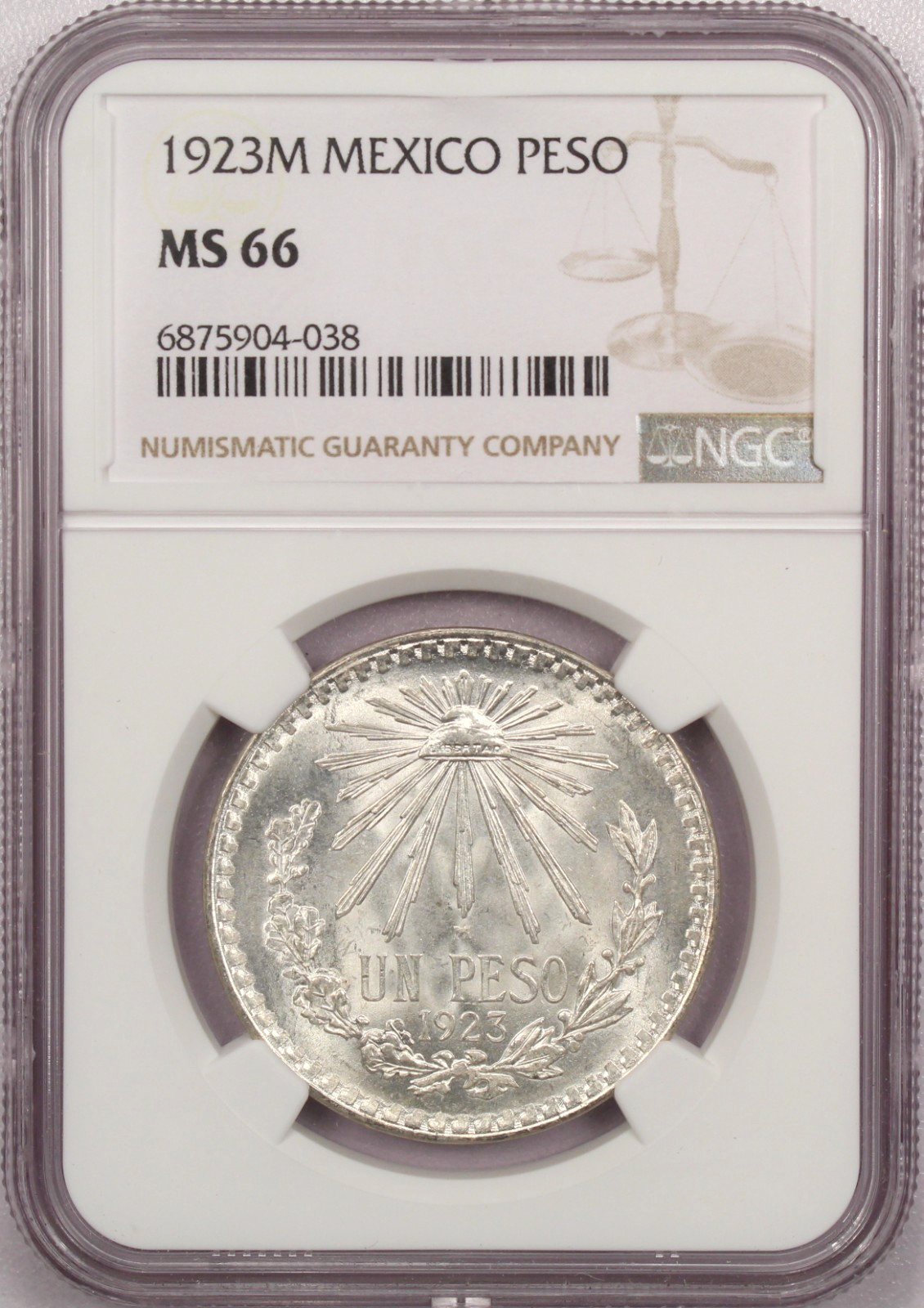 1923M Mexico Silver 1 Peso, NGC MS66, Gem Uncirculated BU