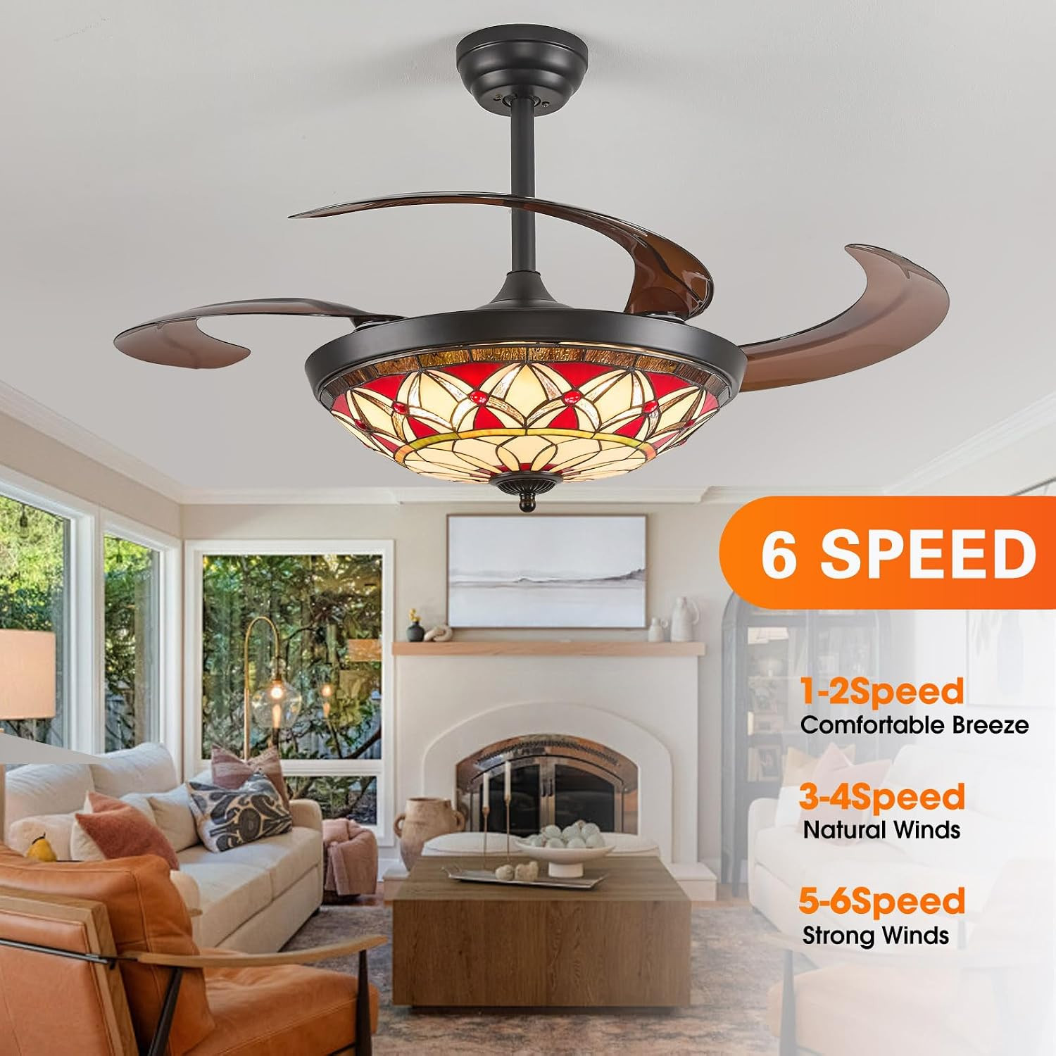 Ceiling Fan with Light - 48" Retractable Ceiling Fan with Remote, 4 Hidden Blade