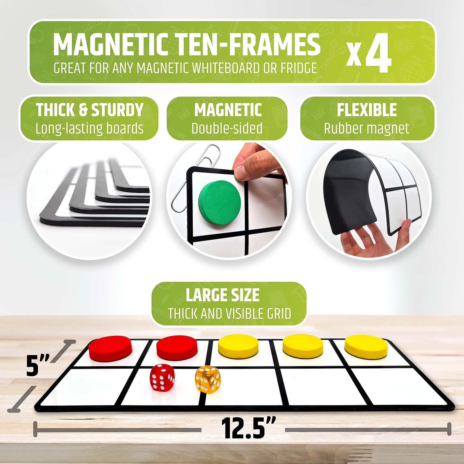 Magnetic Ten Frame Set: 4 Durable Ten-Frames + 50 Colorful Counters + 50 Math...