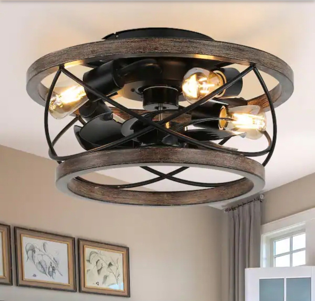 Gina 18 in. Indoor Weathered Wood Tan Farmhouse Flush Mount Ceiling Fan with...