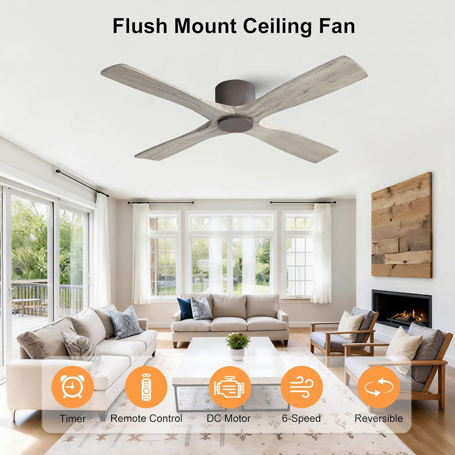 54" Ceiling Fan without Lights -Modern Low Profile Flush Mount Ceiling Fan, 6-Sp