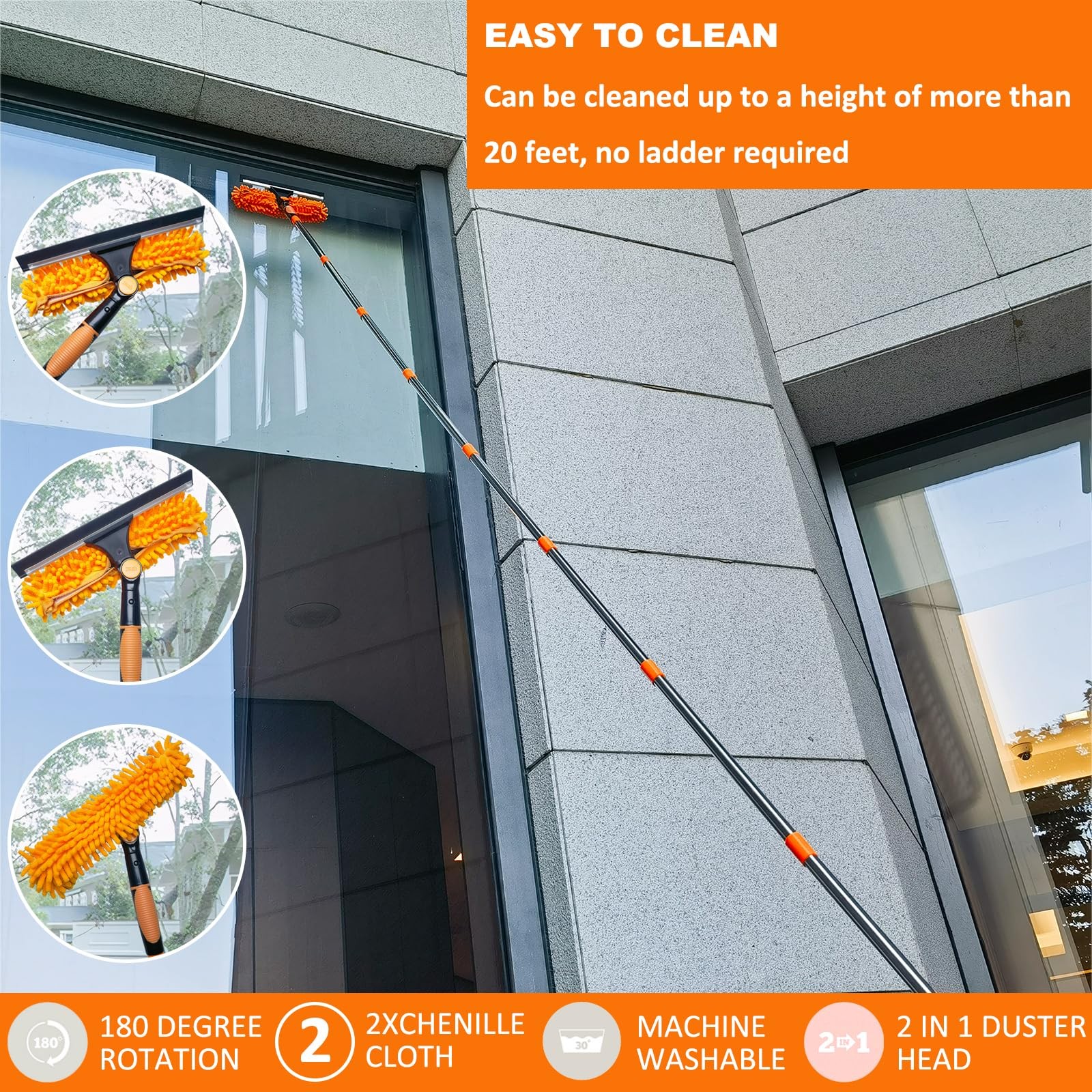 20 ft+ Reach Squeegee Window Cleaner Duster 2 in 1 Rotatable Cleaning Tool Kit