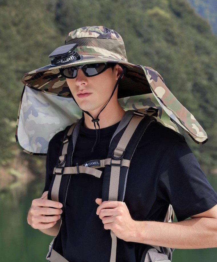 Solar, USB Powered Fan Hat Outdoor Fishing Farmer Sun Hat UV Protection Camo NEW