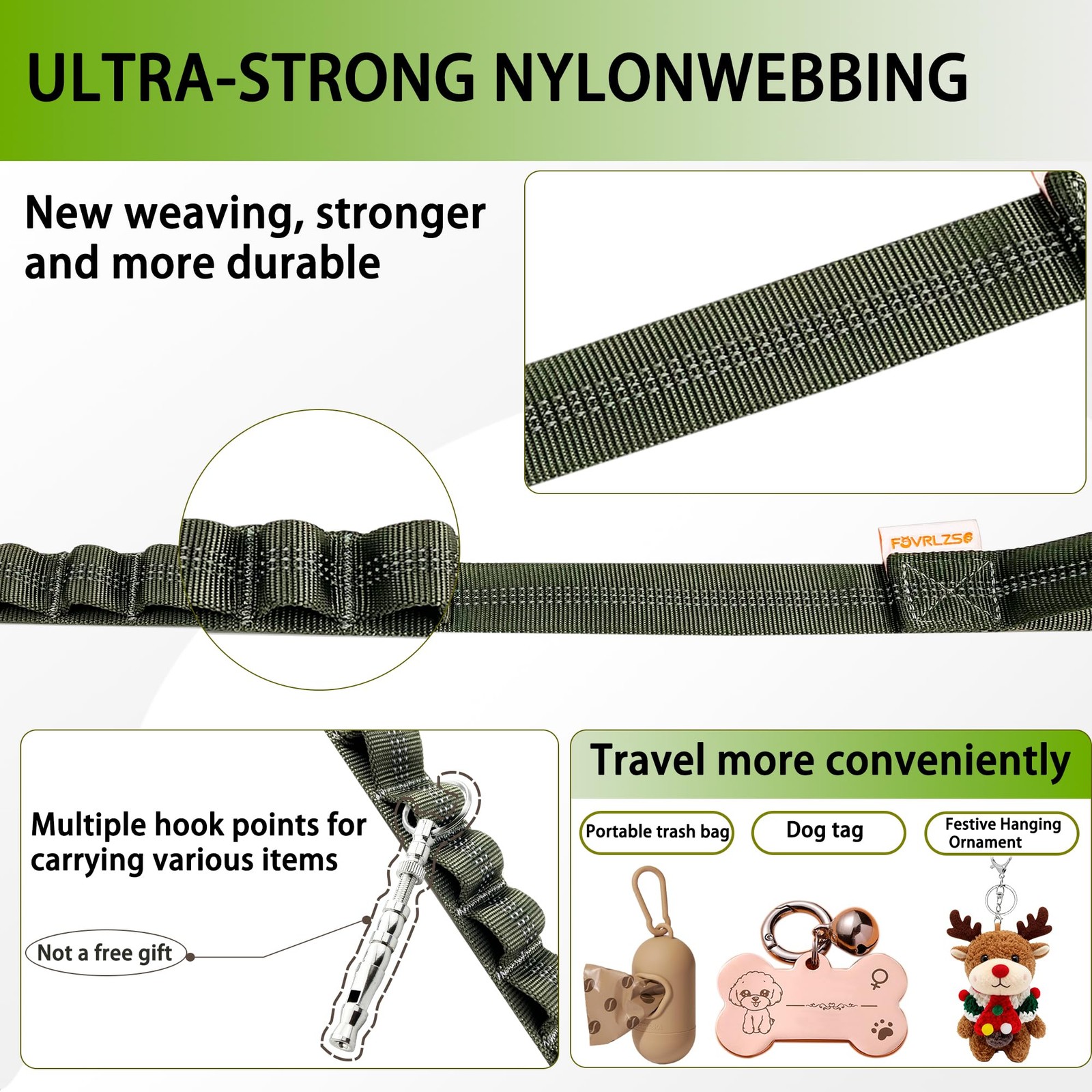 Reflective Heavy-Duty Dog Leash Adjustable 45 ft Shock-Absorbing Handle Green