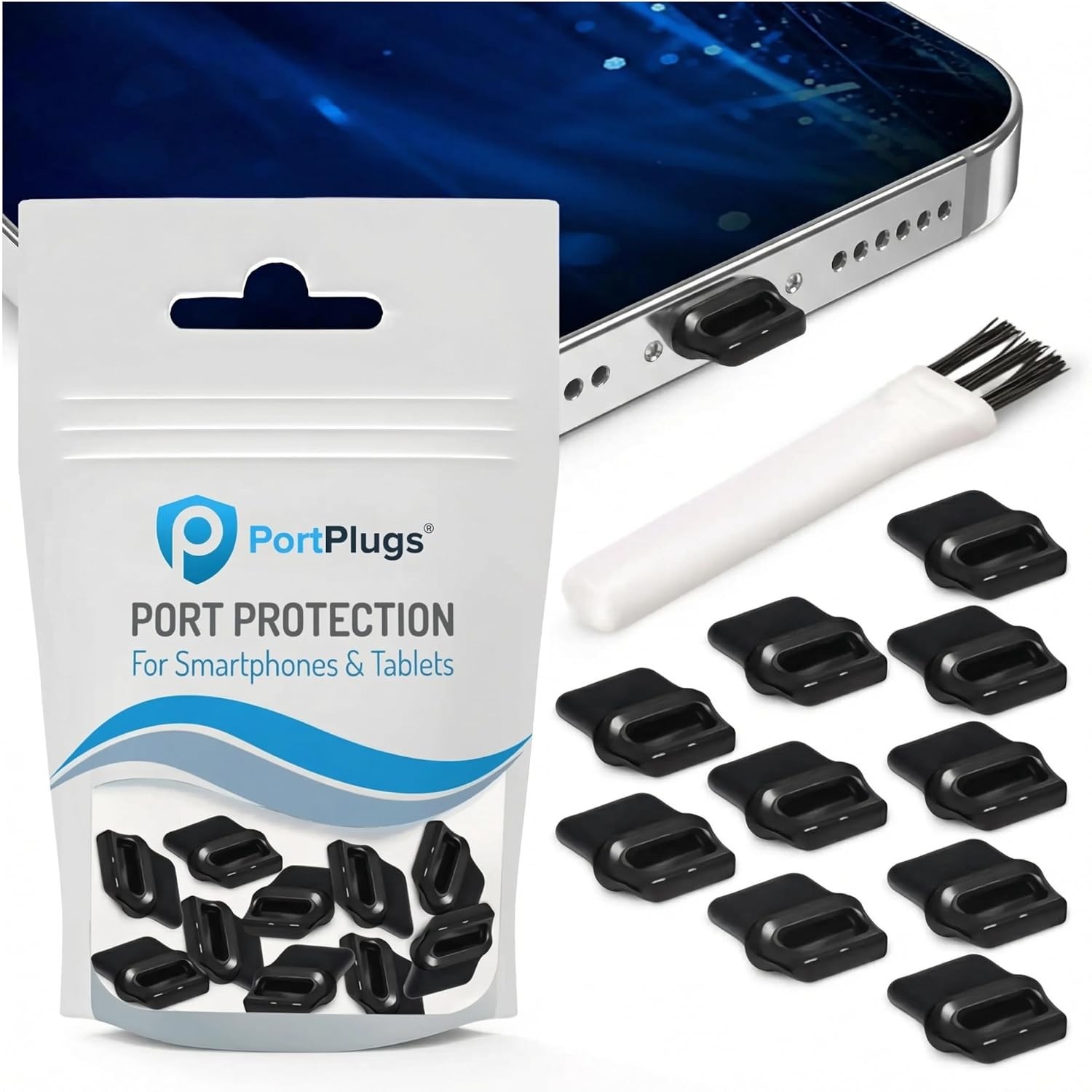 USB C Dust Plugs 10 Pack Black Easy Grip Case Friendly Cleaning Brush Included