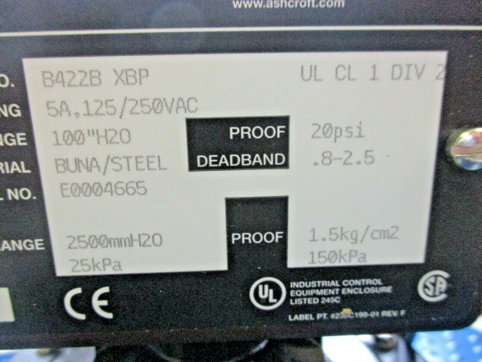 NEW ASHCROFT PRESSURE SWITCH B422BXBP100"H20