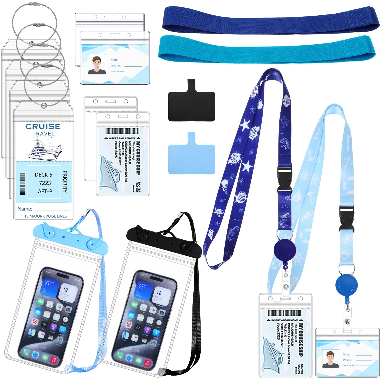 Cruise Essentials 10 Piece 2 Lanyards 4 Luggage Tags 2 Phone Pouches Waterproof
