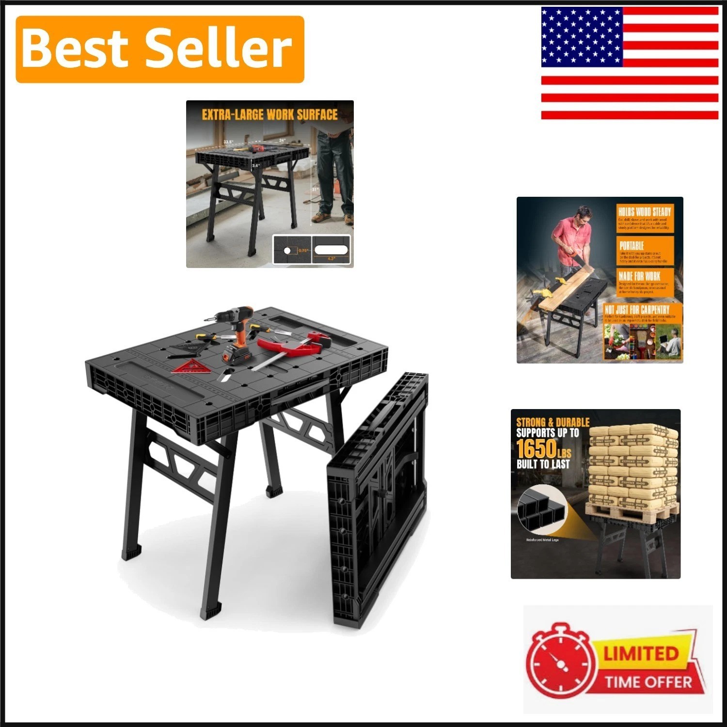 Express Folding Worktable - Portable Workbench 34" W x 24" D, 1650 lbs Capacity