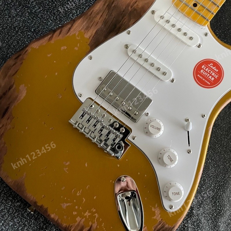Electric Guitar Metallic Gold SSH Pickups White Pickguard Stainless Rounded Fret