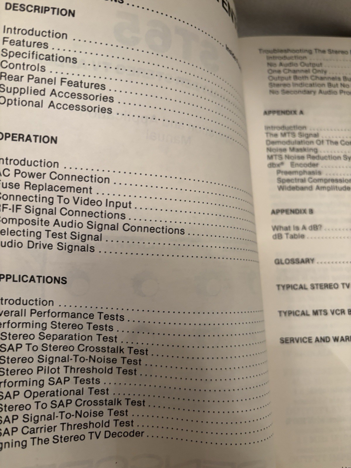 Sencore ST65 Video analyzer stereo TV adder - OPERATION & APPLICATION MANUAL