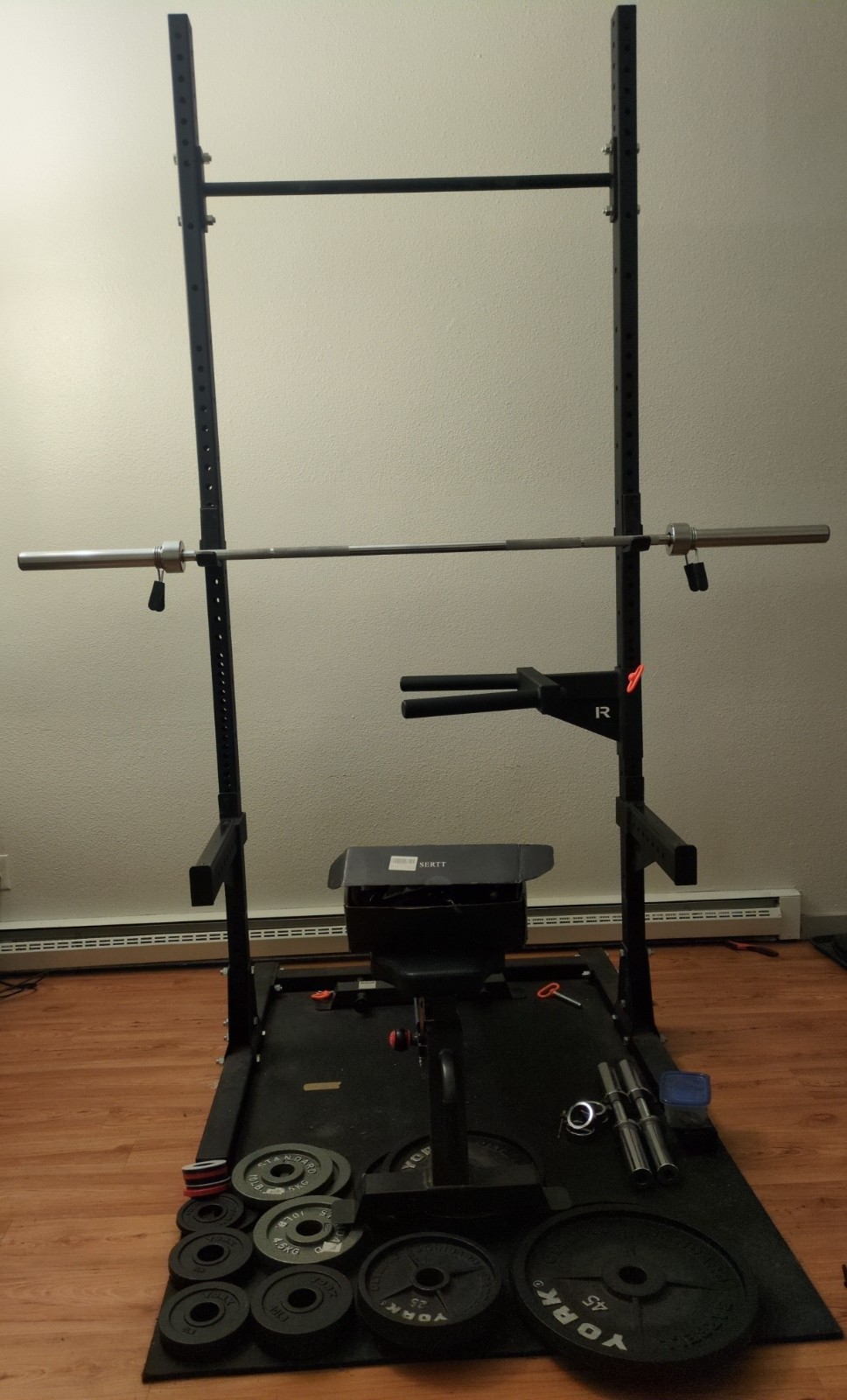 Rogue S-3 Squat Stand 2.0 w/ dip bars, bench, York bar, plates (345 lb), pulley