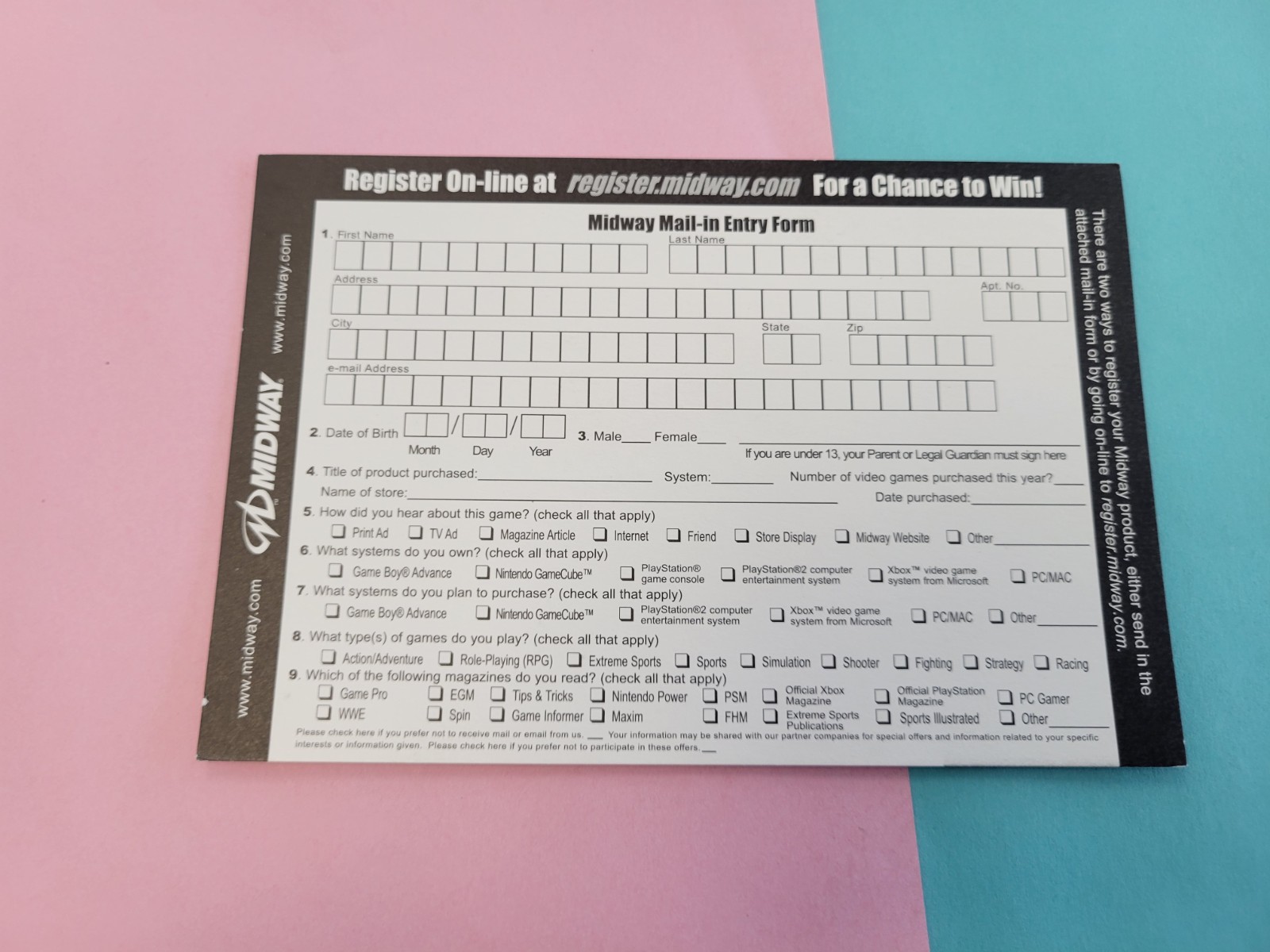 Midway Registration Mail In INSERT ONLY Authentic GameCube PlayStation 2 XBOX