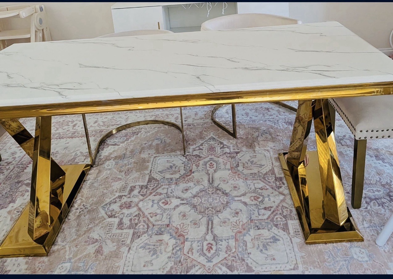 Modern Marble Dining Table Set Gold Base Upholstered Chairs White Rectangular 6