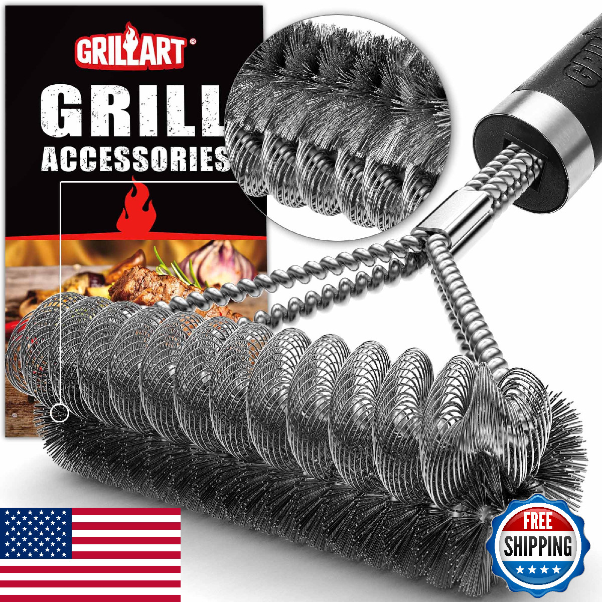 GRILLART Grill Brush: Wire + Helix 2-in-1 BBQ Cleaner - 18" Safe Efficient Scrub
