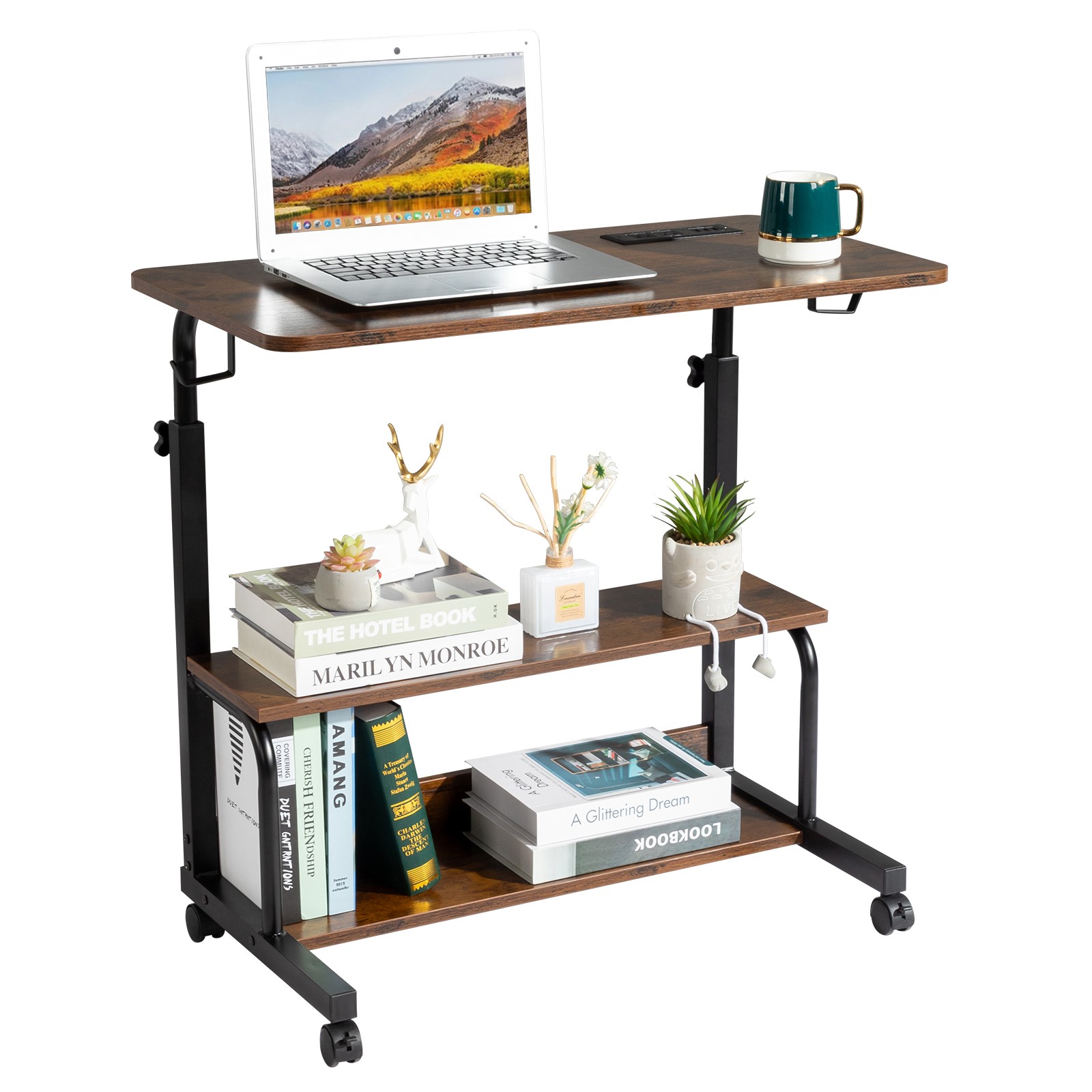 Vintage Brown Adjustable Computer Desk,3 USB + 2 AC Outlets,80‑104 cm Height