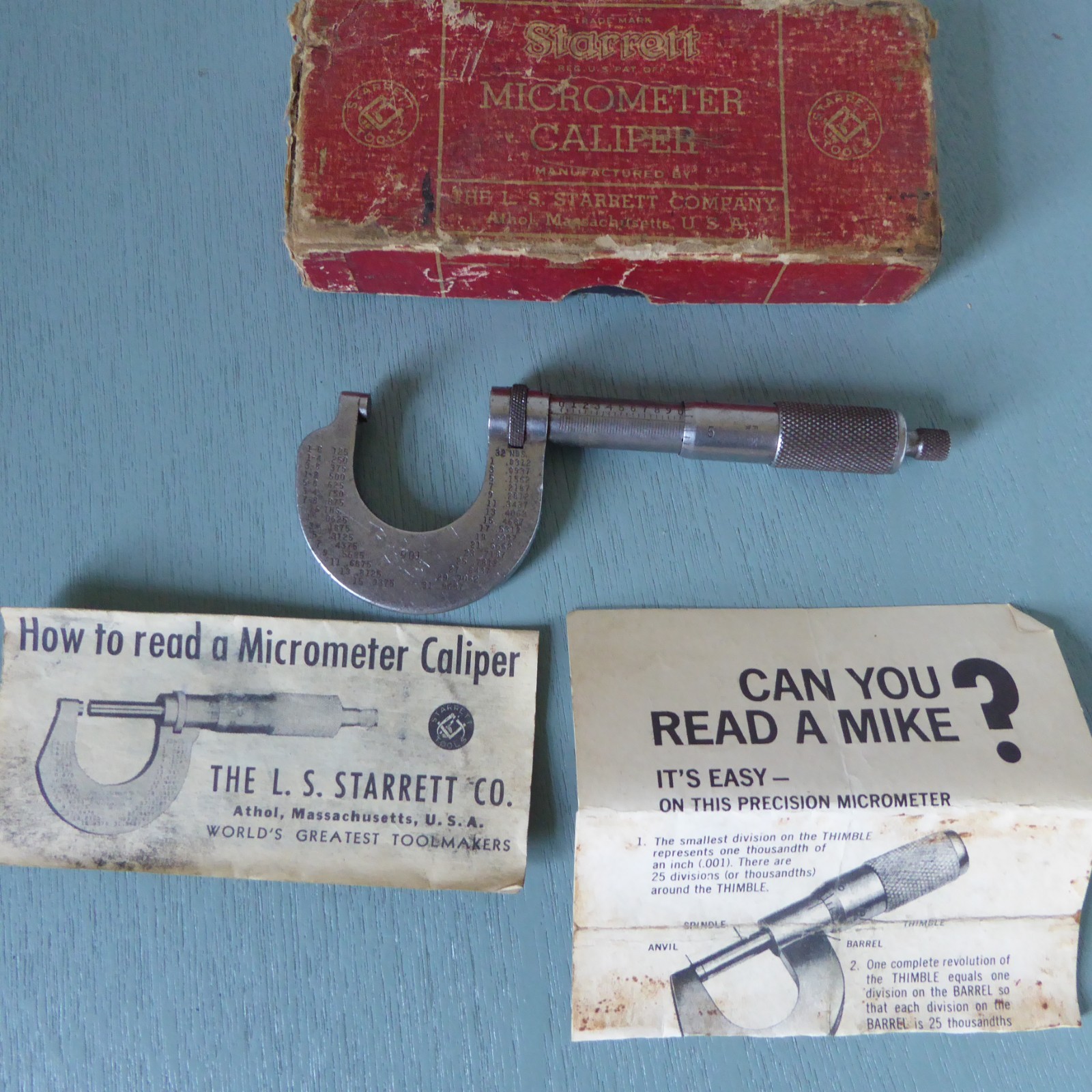 VTG Starrett No. 901 Outside Tubular Micrometer w/ Box & Papers *Pre Owned*