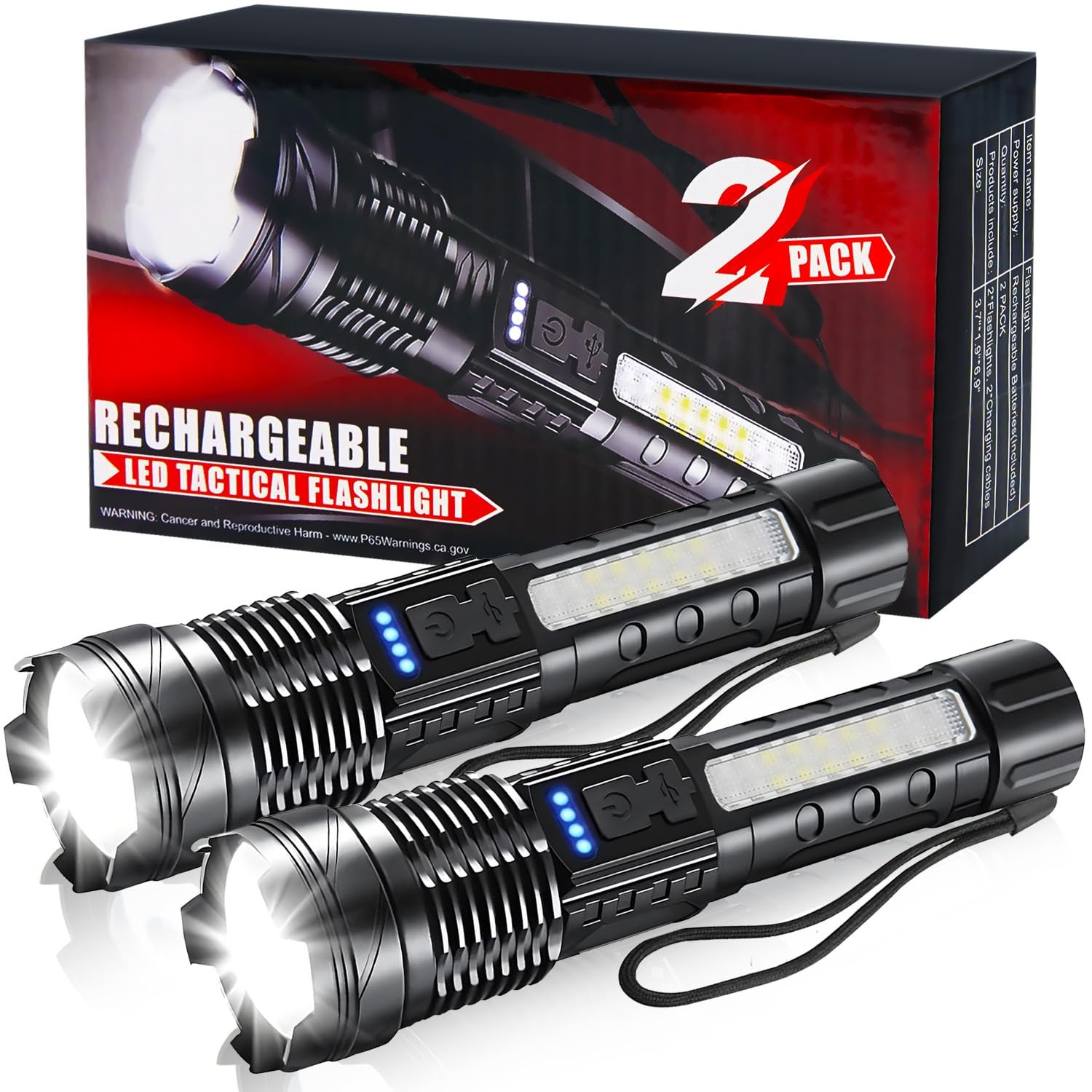 2 Pack LED Rechargeable Flashlights, 90,000 High Lumens Super Bright Flash Li...