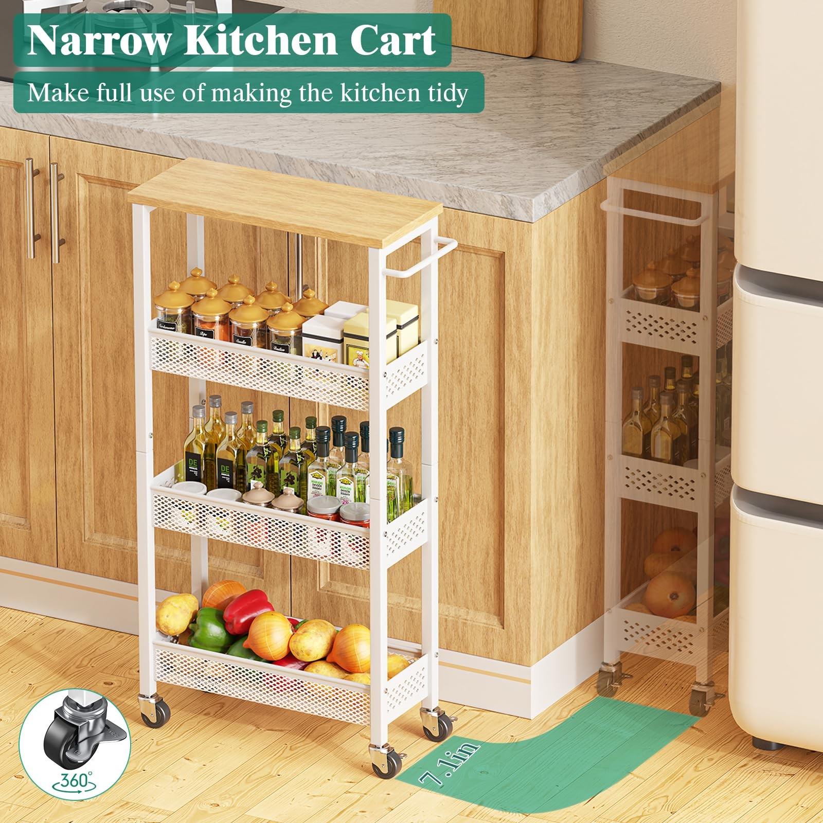 Slim Rolling Storage Cart 4 Tier Bathroom Organizer Mobile Shelving Unit Util...
