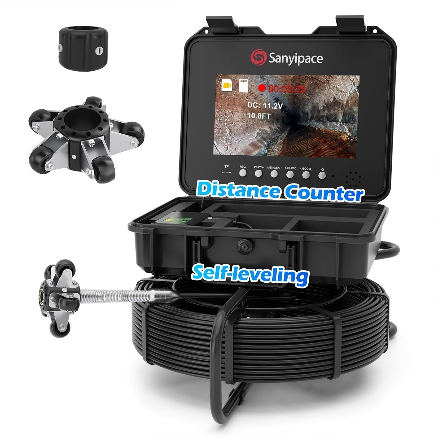 Sanyipace 10.1" Sewer Camera 230FT w/ Self-Leveling, Distance Counter