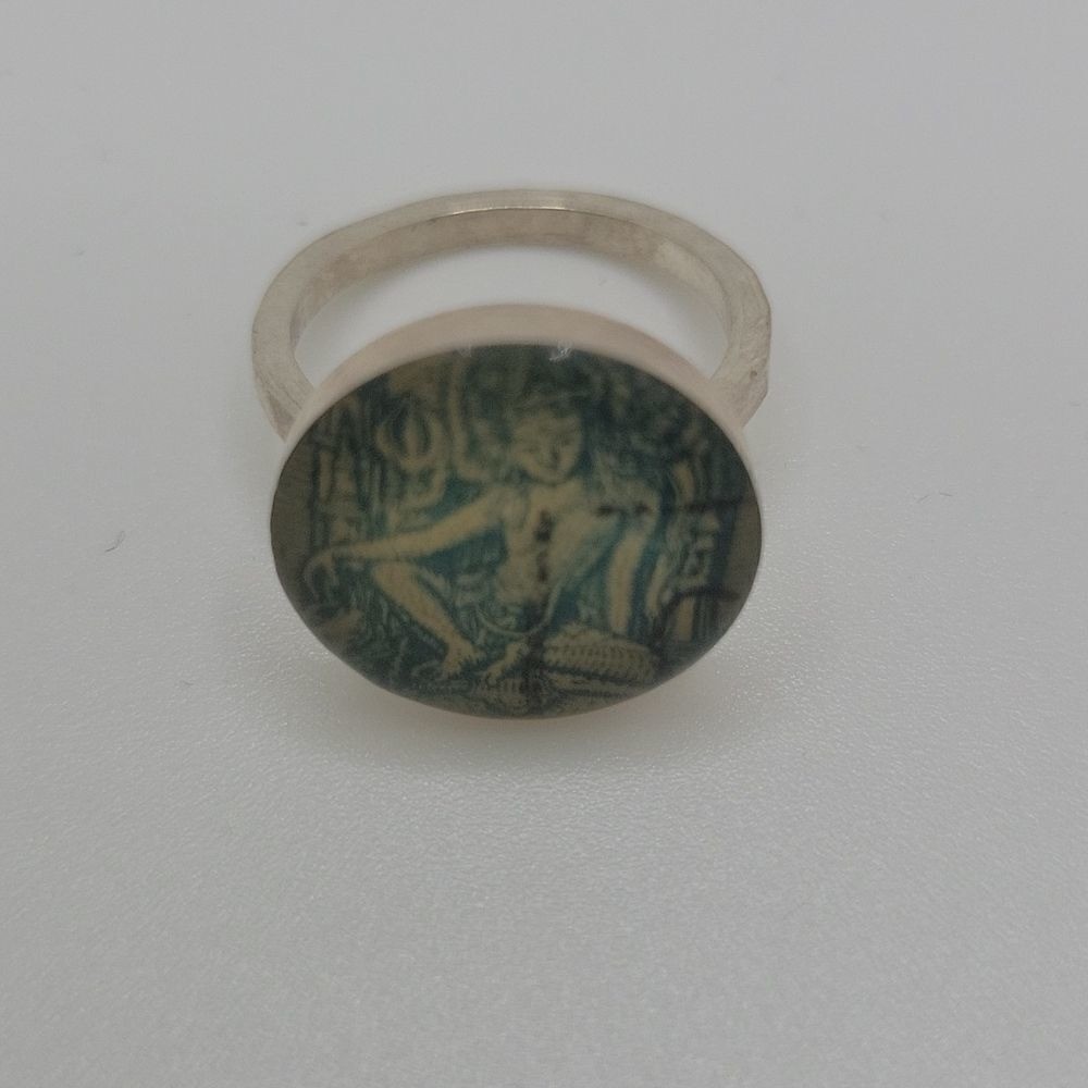 Artisan made green stamp ring silver. Size 5