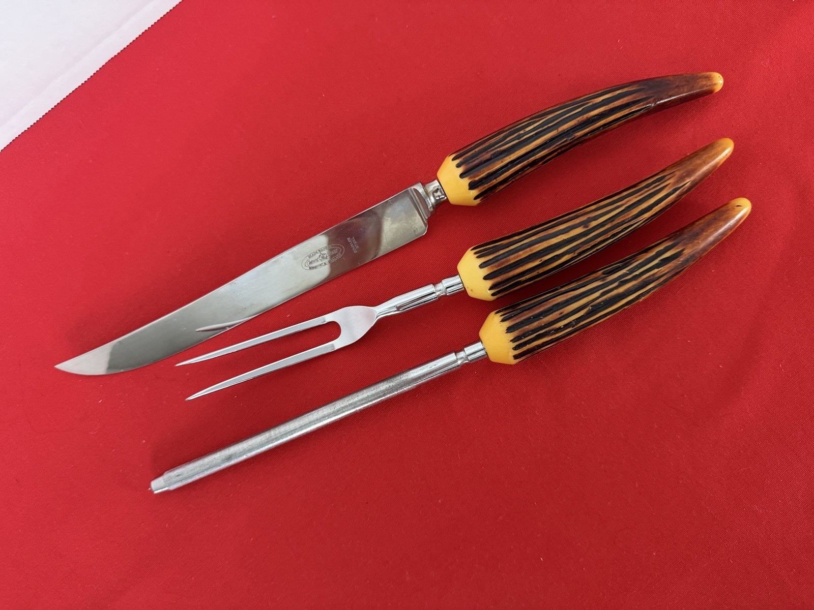 VTG 3 Piece Carving Set Stainless Steel Bakelite Faux Antler Sheffield England
