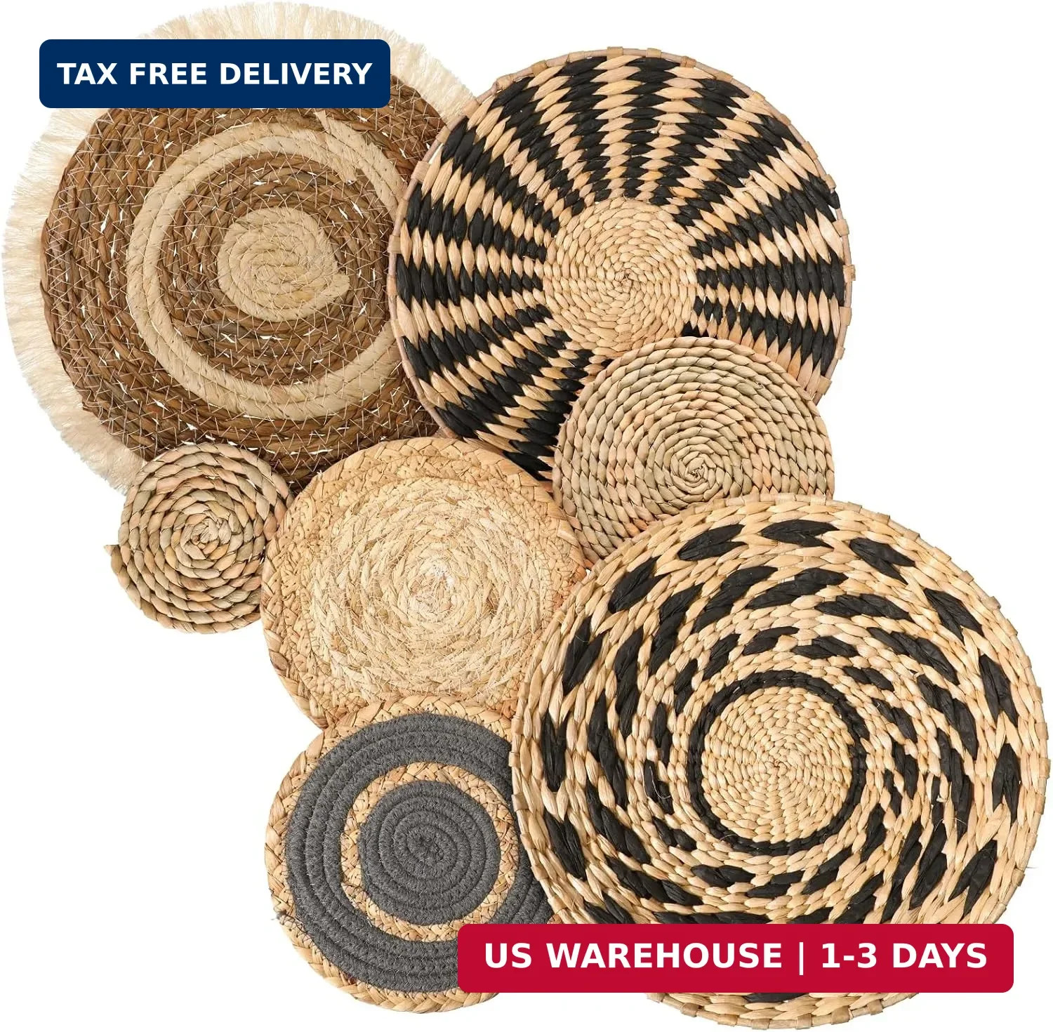 7 Pcs Boho Wall Basket Decor Decorative Hanging Woven Wall Basket Decor Round Fa