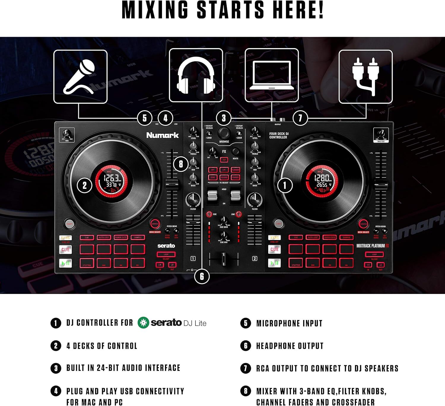 Numark Mixtrack Platinum FX DJ Controller Serato DJ w/4 Deck DJ Mixer & Jog