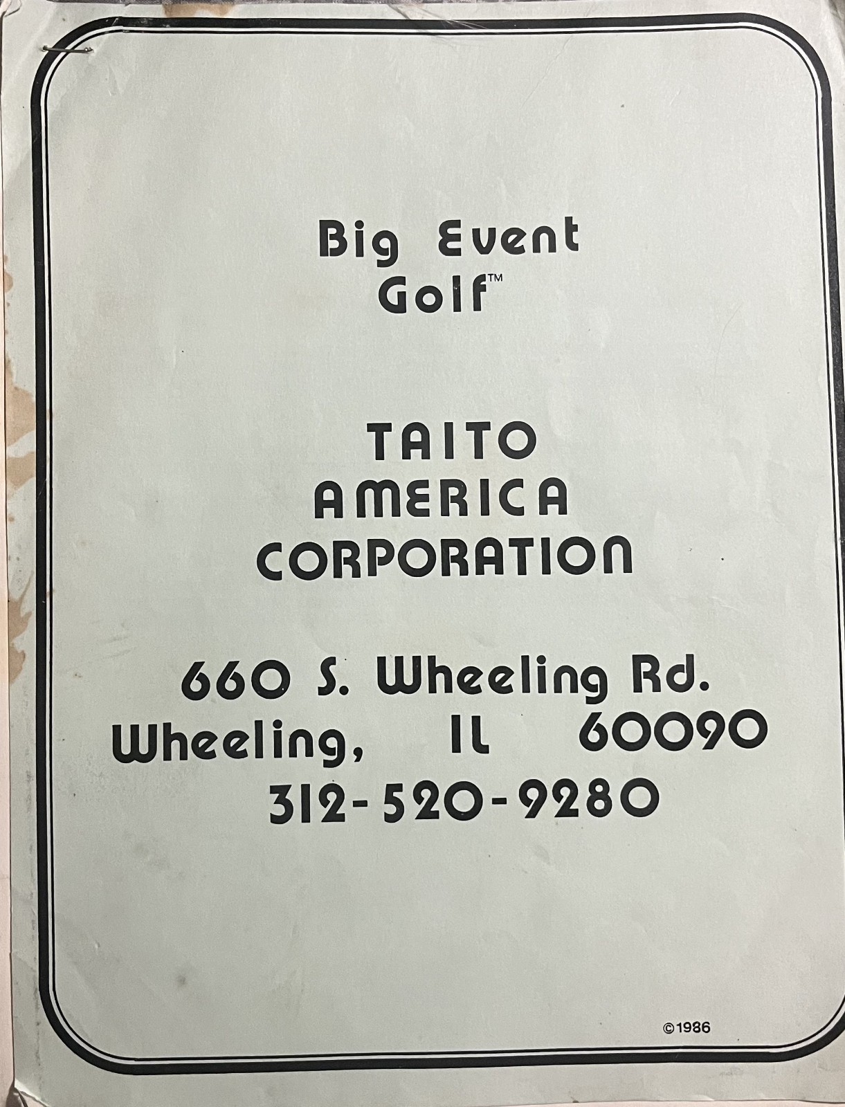 Original 1986 Taito 'Big Event Golf' Operator's Instruction Manual