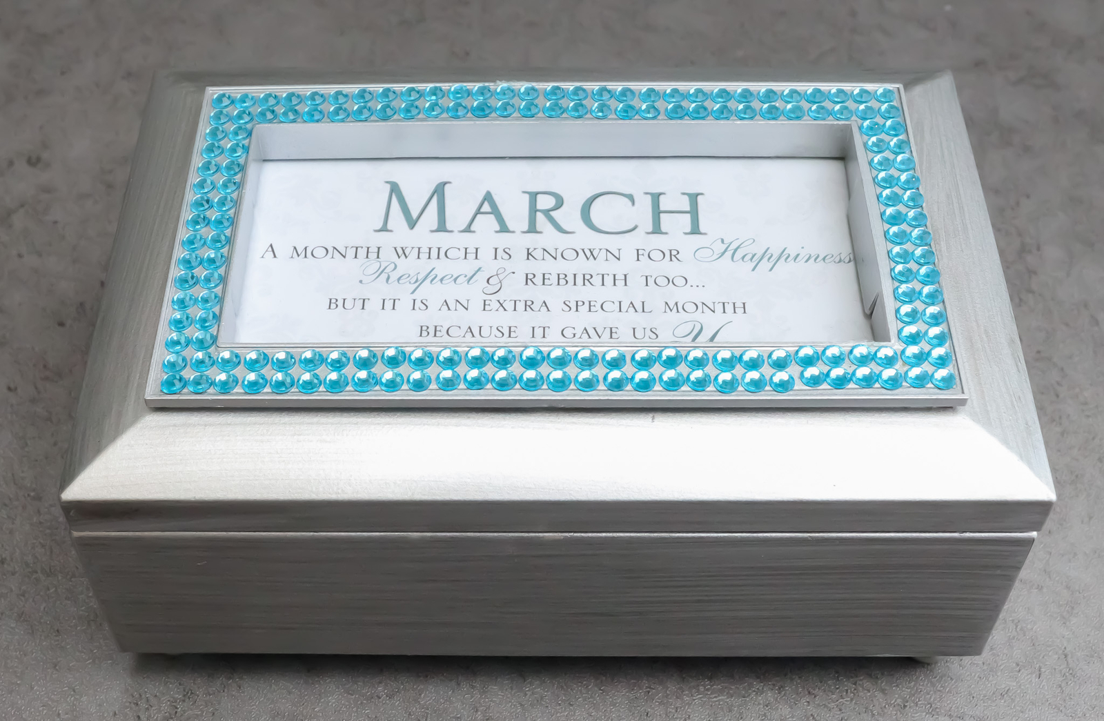 March Aquamarine Happiness Respect Birthstones Silver Tone Musical Trinket Box